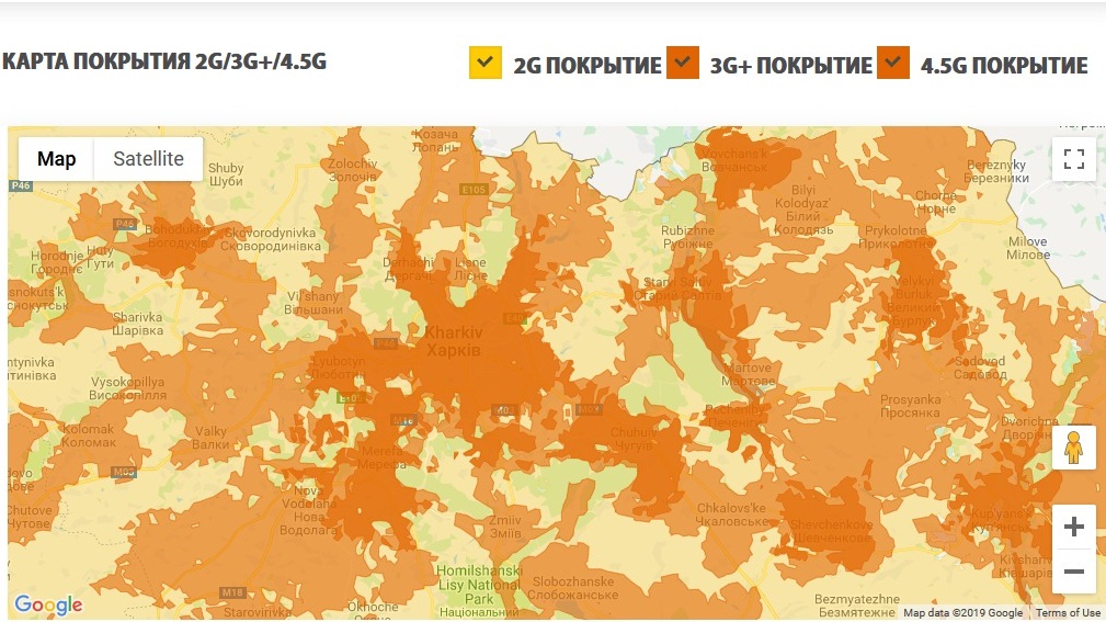 Карта покрытия сигналом 3g, 4g Интернета от Lifecell в Харьковской области